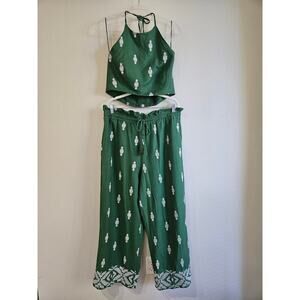 House of Harlow 1960 Linen Ikat Embroidered Boho Two Piece Set, Size L